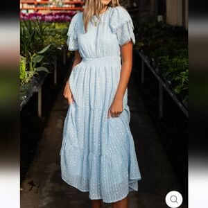 Lena & Lou Elena Light Blue Lace Tiered Sleeve Maxi Dress Size XS